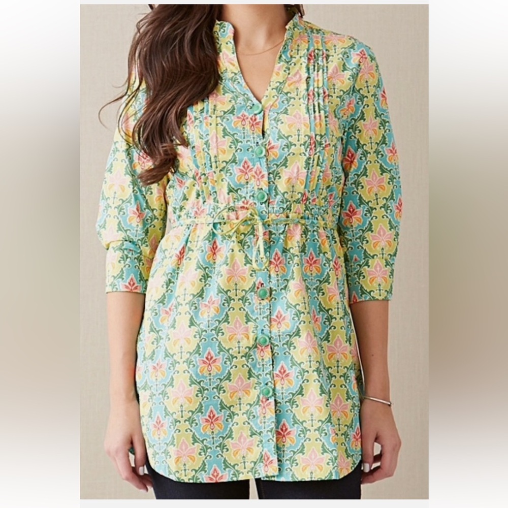 MATILDA JANE Green Acres Tunic Top‎ Shirt Blouse Pleated Birds Floral Blue Sz L